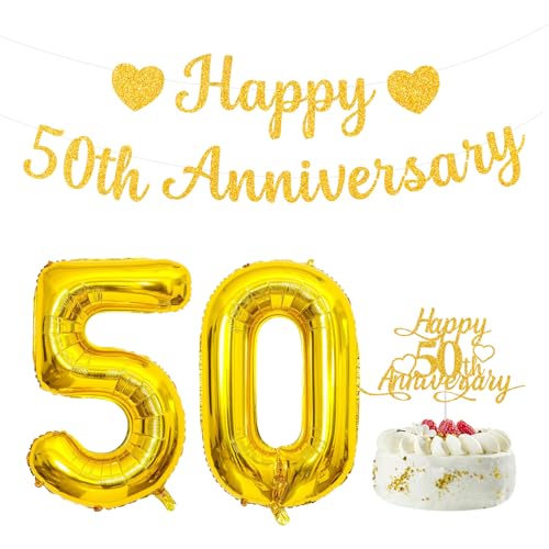50th Wedding Anniversary Decoration Set - Gold Glitter Banner & Balloons