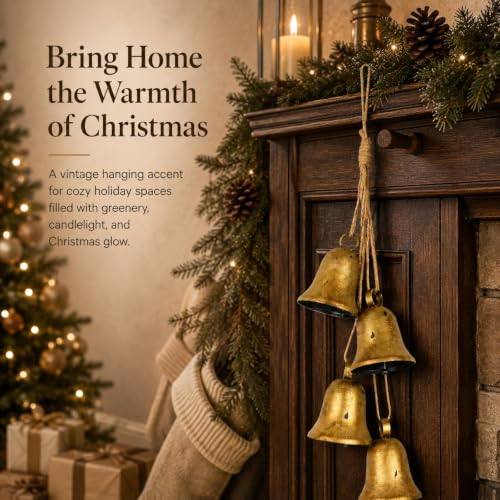 Vintage Gold Christmas Bell Cascade with Rustic Rope - Brass Variation