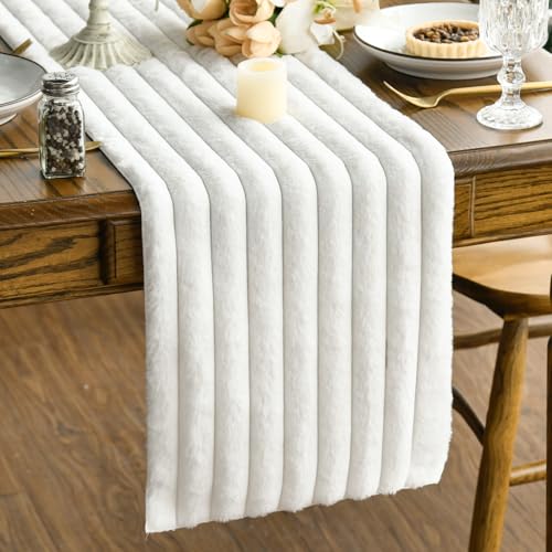Ivory Faux Fur Jacquard Table Runner 13x60 Inch Holiday Decor
