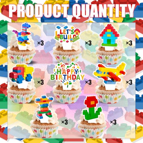 Building Block Cupcake Toppers - 24-Piece Brick Themed Party Decorations