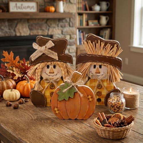 Colingmill 3 Pcs Rustic Fall Scarecrow and Pumpkin Wooden Tabletop Decor Set