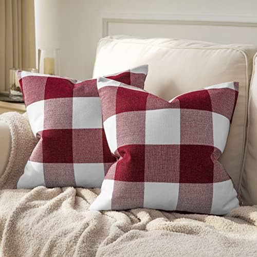 Christmas Gingham Buffalo Plaid Throw Pillow Covers Set of 2 - Red, 18x18 Inches