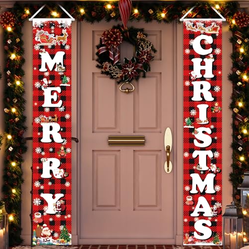 Outdoor Christmas Yard Sign Set with Buffalo Plaid Door Banner - Red