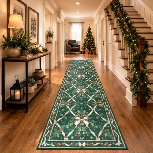 Evergreen Gold Christmas Runner Rug 2ft x 10ft Washable Non-Slip Holiday Decor