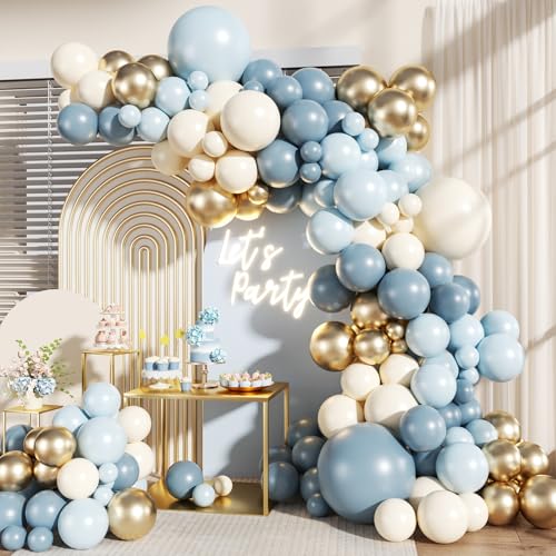 Dusty Blue Gold Balloon Garland Arch Kit - 128 Pieces for Parties