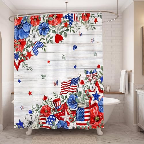 4th of July Shower Curtain - Patriotic American Flag Decor, 72 x 71 Inch with Hooks