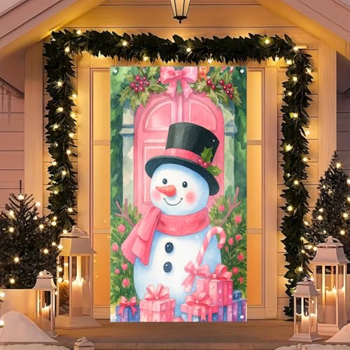 BlissYard Pink Snowman Christmas Door Cover 35x71 Inch Wall Banner