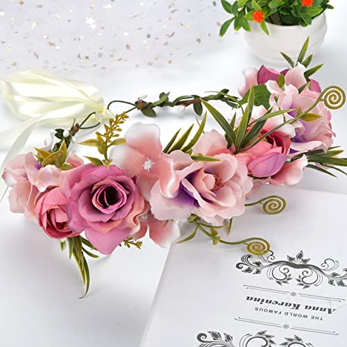 YnimioAOX Pinkish Purple Floral Crown Headband Adjustable Silk Flower Wreath