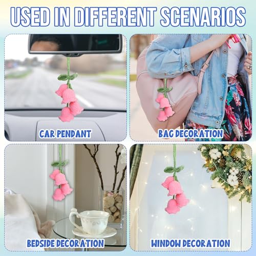 Zelaxeyi Handmade Crochet Pink Lily of the Valley Car Rearview Mirror Ornament