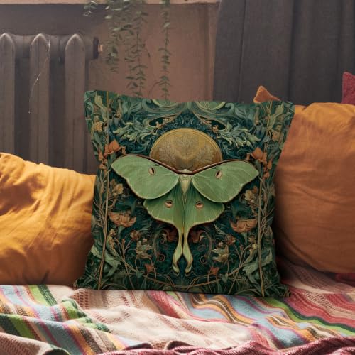 Boho Green Luna Moth Throw Pillow Cover 18x18 | Cozy Home Decor