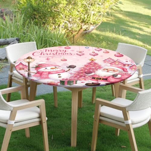 Pink Christmas Round Fitted Tablecloth with Elastic for 40-44 inch Tables - Winter Snowman Design
