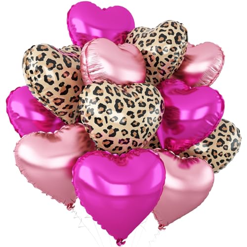 12PCS Hot Pink Leopard Print Heart Balloons - Foil Decorations