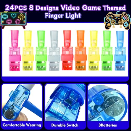 24PCS Video Game Party Favor Finger Lights - 8 Gamer Neon Designs