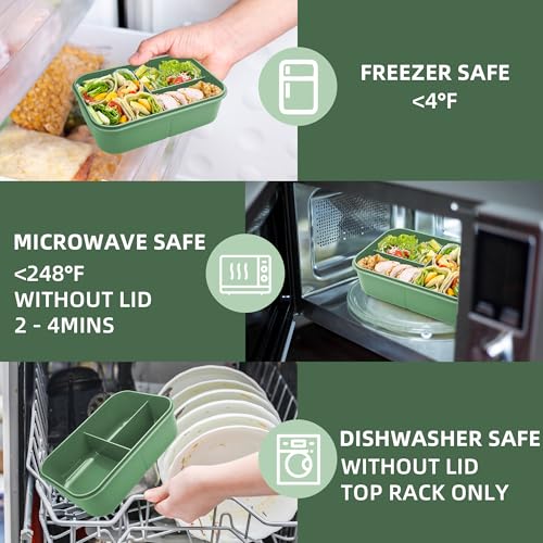 Fanhaw Green 40oz Bento Lunch Box with 3 Compartments, Microwave & Dishwasher Safe