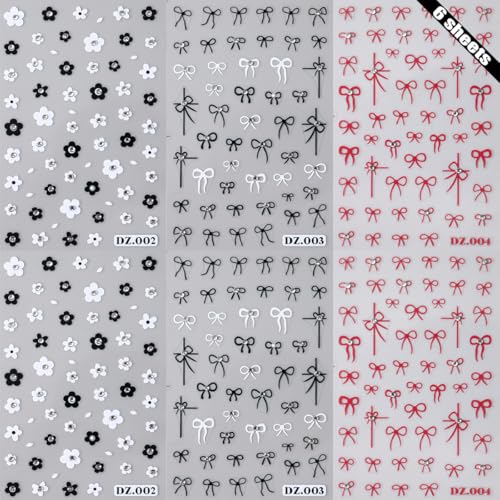 3D Rhinestone Bow Nail Stickers Red Black Flower Art Decals 6 Sheets