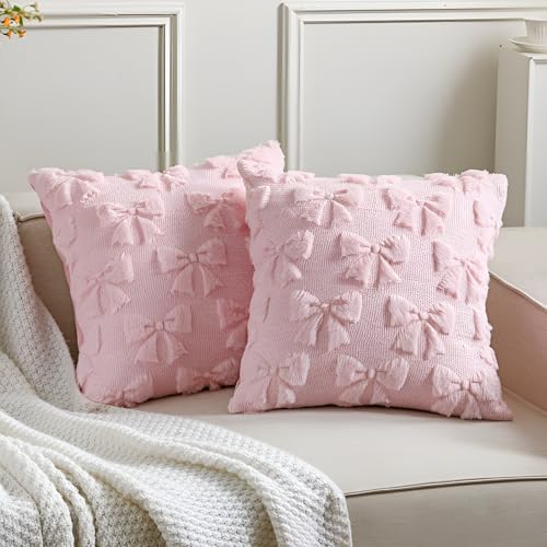 Mixweer Pink Bow Pillow Covers Set of 2, 18x18 Decorative Throw Cases