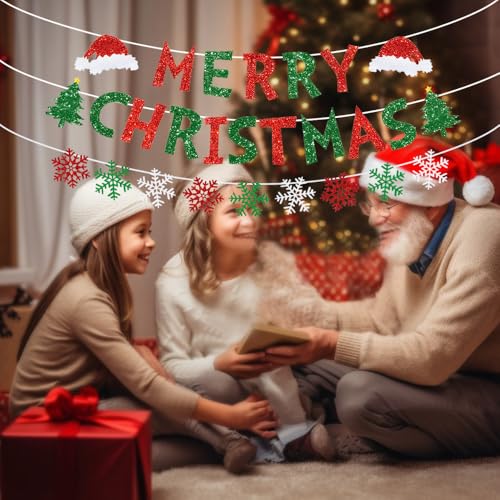 Christmas Banner Set - Red and Green Glitter Snowflake Bunting for Indoor Holiday Decor