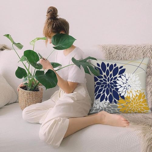 Navy Blue and Yellow Dahlia Floral Throw Pillow Covers - 18x18, Set of 2
