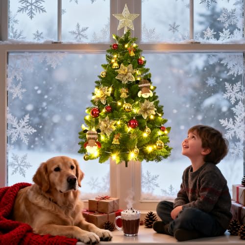 Dark Green 3FT Wall Christmas Tree Half Hanging with Lights & Ornaments - Pet Safe