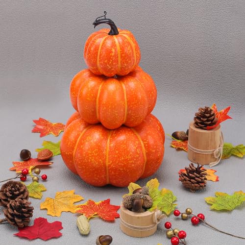 Artificial Orange Pumpkin Tower - Autumn Fall Decor, 11.4 Inch, Variation A