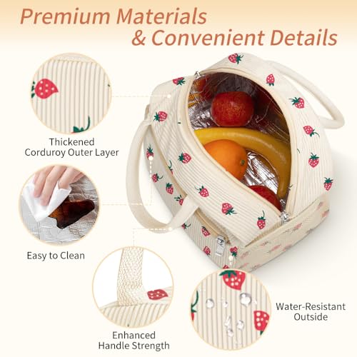 Coobiiya Corduroy Insulated Lunch Bag - Large Capacity Tote, Strawberry