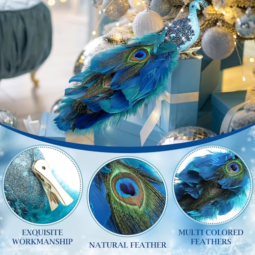 6 Classic Style Peacock Christmas Tree Ornaments with Feathers - Holiday Decorations