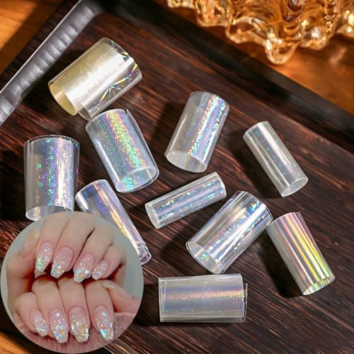 Aurora Nail Foil Transfer Stickers Set - 10 Rolls Holographic Laser Star & Water Ripple Manicure Decals