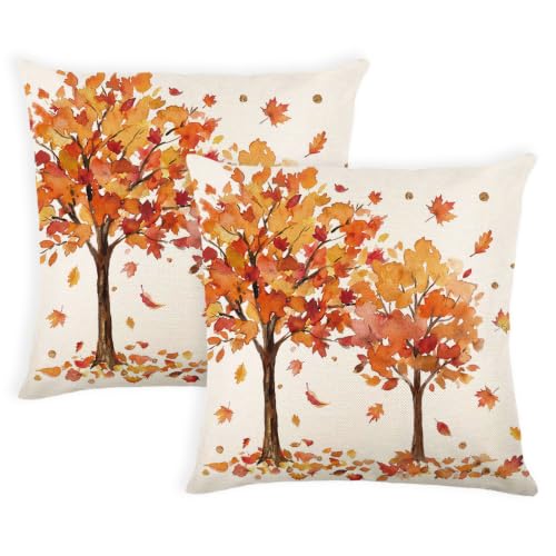 Fall Maple Leaf Throw Pillow Covers 18x18 Inch, Set of 2 Autumn Farmhouse