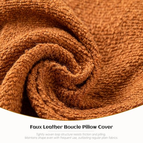 Pack of 2 Tobacco Boucle Pillow Covers 18x18 Inch - Soft Faux Leather Throw Pillows