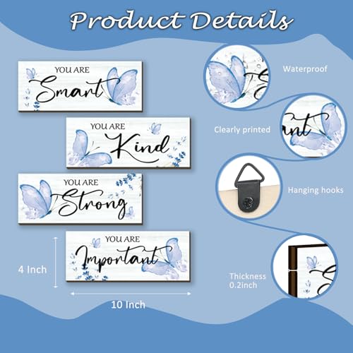 4 Pcs Blue Butterfly Wall Decor, Inspirational Wooden Signs for Bedroom