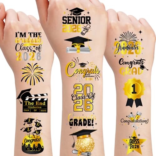 Konsait Class of 2026 Graduation Temporary Tattoos - 10 Sheets Black & Gold Party Favors
