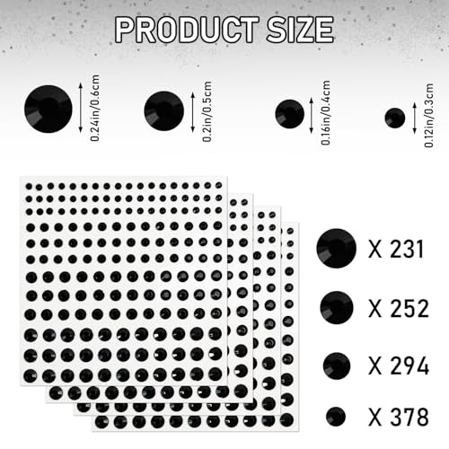 AUUTI 1155pcs Self-Adhesive Rhinestone Stickers - Black and White Acrylic Bling Gems in 4 Sizes for Crafts and Makeup