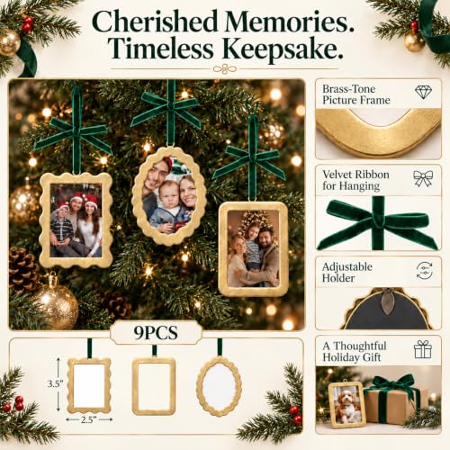 Fumete Vintage Brass Christmas Picture Frame Ornaments Set - 9 Pieces, 2.5 x 3.5 Inch, Gold