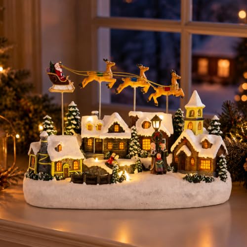 Animated Christmas Village Scene with Flying Deer - Santa Sleigh Display