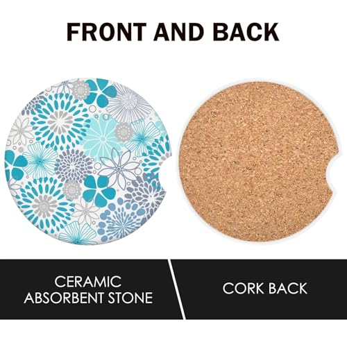 Absorbent Blue Floral Car Coasters Set of 2 - Non-Slip Cork Base