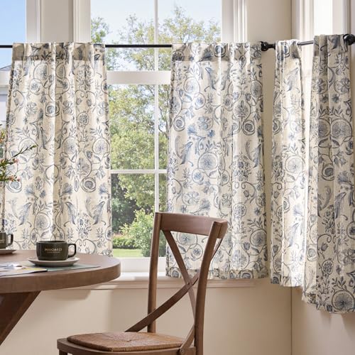 jinchan Linen Floral Kitchen Tier Curtains, 26"W x 24"L, 2 Panels - Blue on Beige