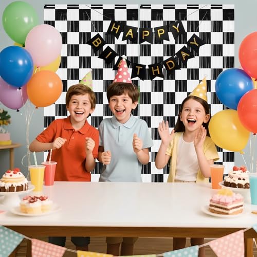 2PCS Racing Foil Fringe Curtains | 3.28x6.56 Ft Black & White Checkered Backdrop