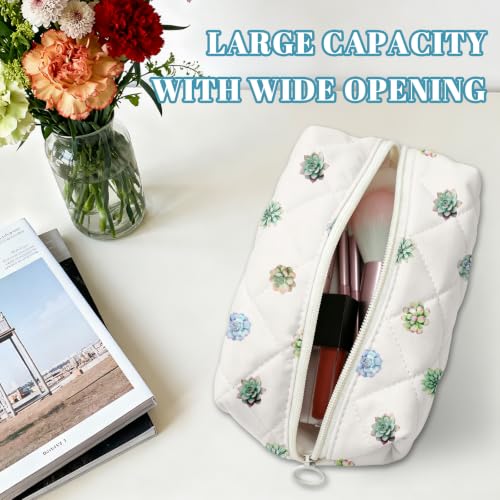 Quilted Makeup Bag Cute Succulents Cotton Cosmetic Pouch Travel Organizer