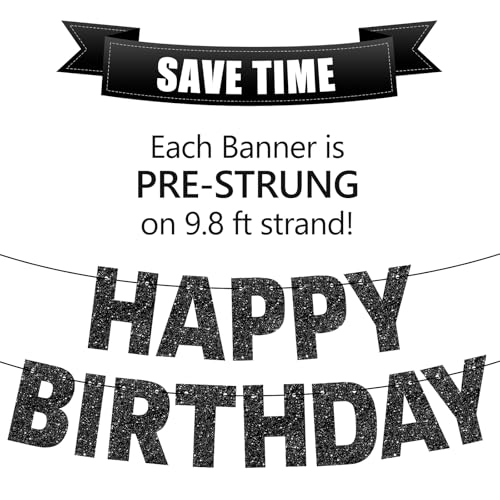 Black Glitter Happy Birthday Banner - Pre-Strung Party Decoration