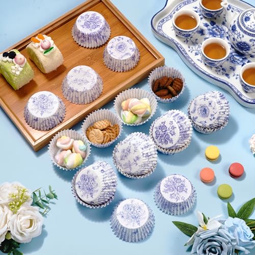 200 PCS Blue Floral Cupcake Liners - Elegant Butterfly Design for Parties