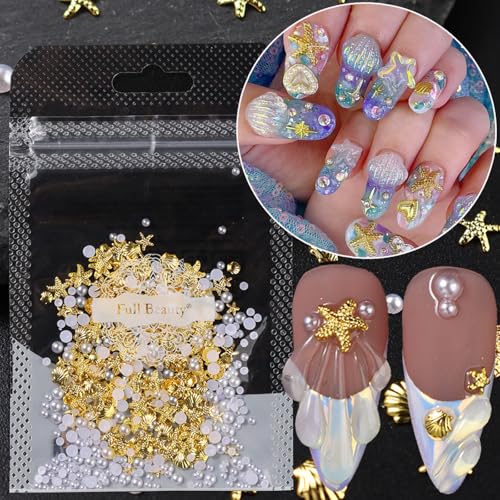 Starfish & Seashell Nail Charms with Pearls, 100pcs Ocean Rhinestones