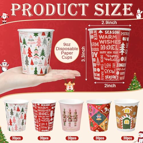 Christmas Disposable Paper Cups 9 oz - Classic Pattern, 150 Pack