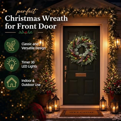 Christmas Wreath for Front Door - Pine Artificial Holiday Door Decor - Variation of Christmas Wreath
