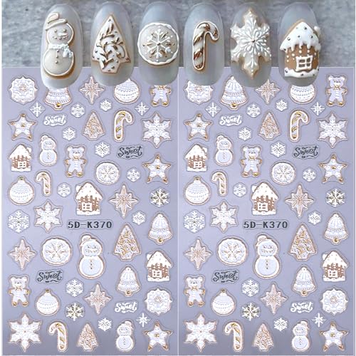 5D Embossed Christmas Nail Stickers Snowman Snowflake Decals 2PCS