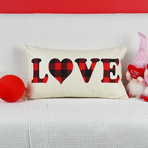 ONWAY Valentine's Day Lumbar Pillow Covers, 12x20 Farmhouse Buffalo Plaid, 2PK