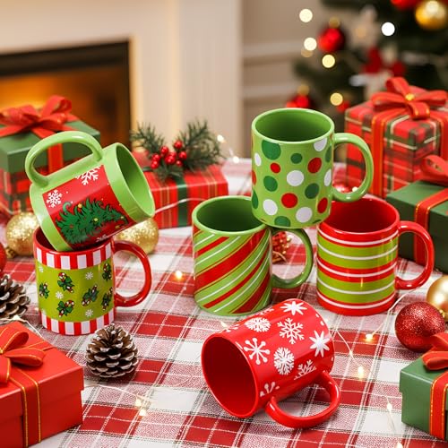 Christmas Coffee Mugs Set - 6 Pack 11 oz Lime Green & Red Holiday Drinkware