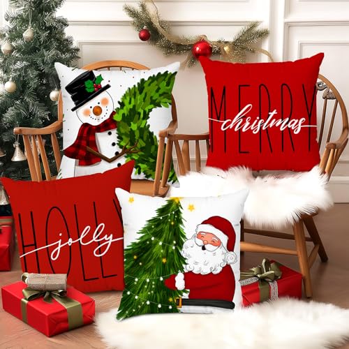 Brightown Christmas Pillow Covers 18x18 Set of 4, Red Holiday Throw Cushions