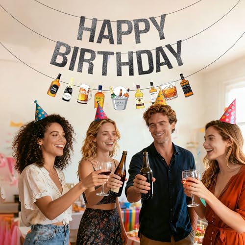 Black Glitter Happy Birthday Banner - Pre-Strung Beer & Whiskey Party Decor