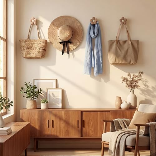 Novabright Khaki Wooden Flower Wall Hooks Set of 4 with Screws - Decorative Coat & Towel Hangers