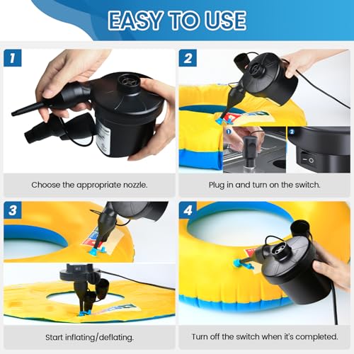 VANNPOOY Electric Air Pump for Inflatables – 110V AC/12V DC with 3 Nozzles
